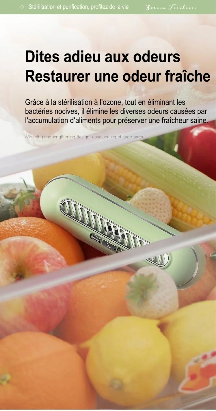 Désodorisant et stérilisateur UV à ozone pour réfrigérateur, batterie rechargeable 1200 mAh, 3 modes pour la conservation des aliments frais