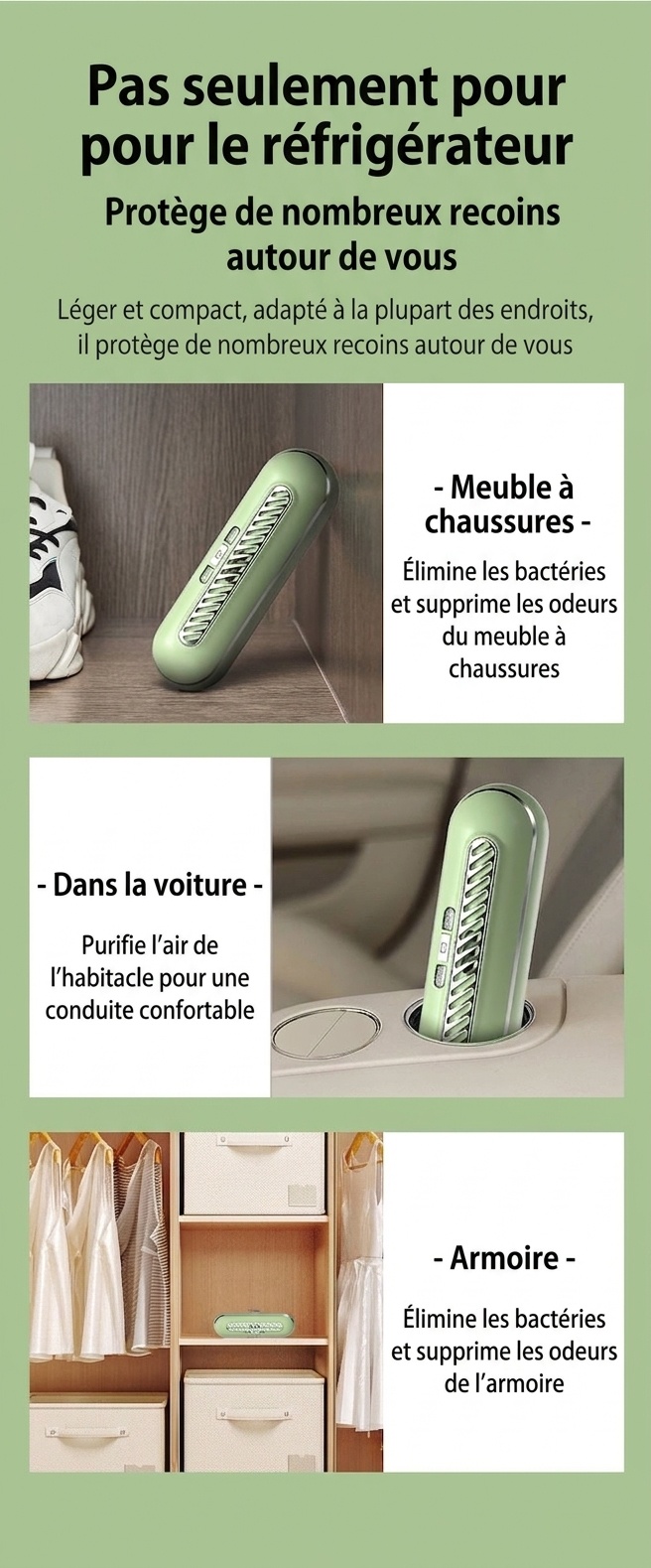 Désodorisant et stérilisateur UV à ozone pour réfrigérateur, batterie rechargeable 1200 mAh, 3 modes pour la conservation des aliments frais