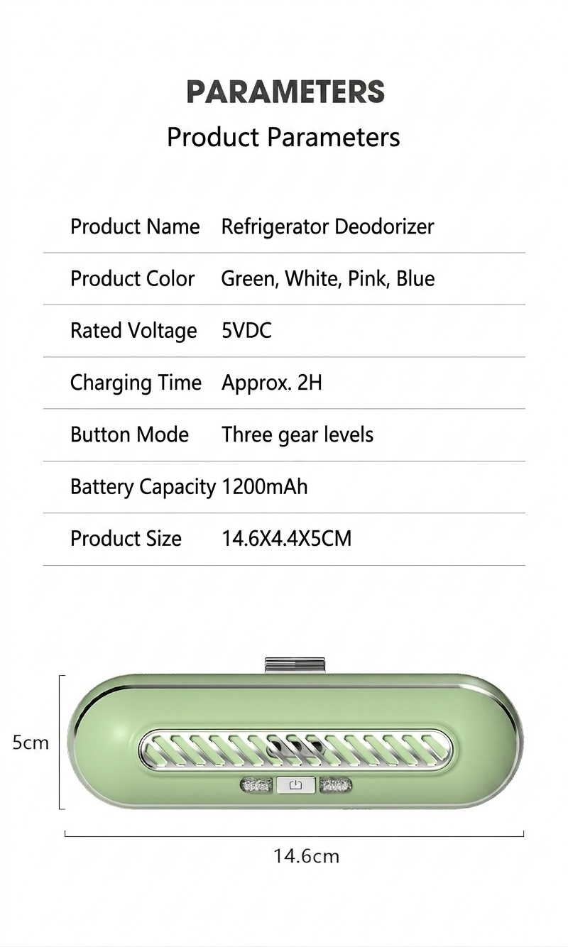 Ozone UV Refrigerator Deodorizer & Sterilizer, 1200mAh Rechargeable, 3 Modes for Fresh Food