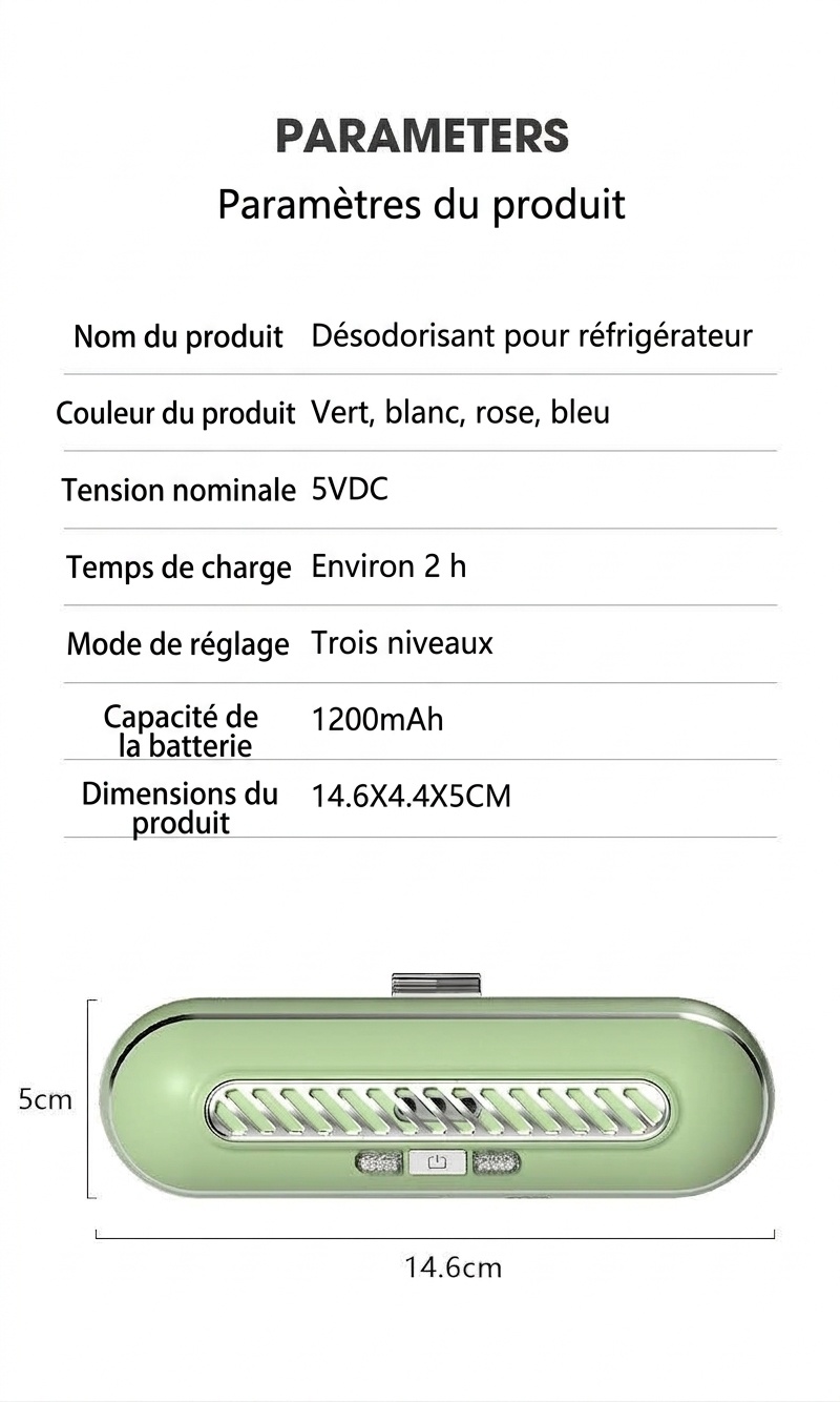 Désodorisant et stérilisateur UV à ozone pour réfrigérateur, batterie rechargeable 1200 mAh, 3 modes pour la conservation des aliments frais