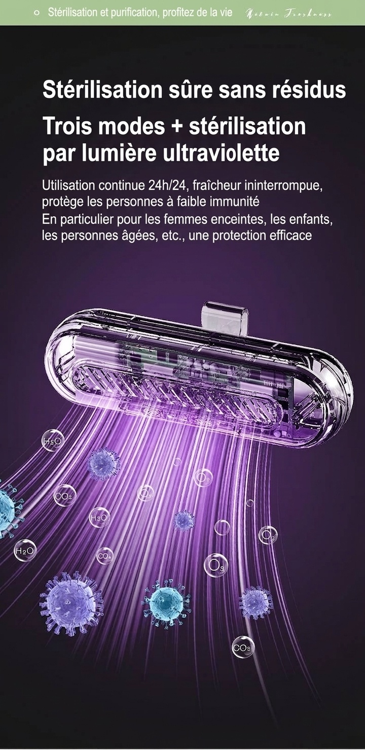 Désodorisant et stérilisateur UV à ozone pour réfrigérateur, batterie rechargeable 1200 mAh, 3 modes pour la conservation des aliments frais