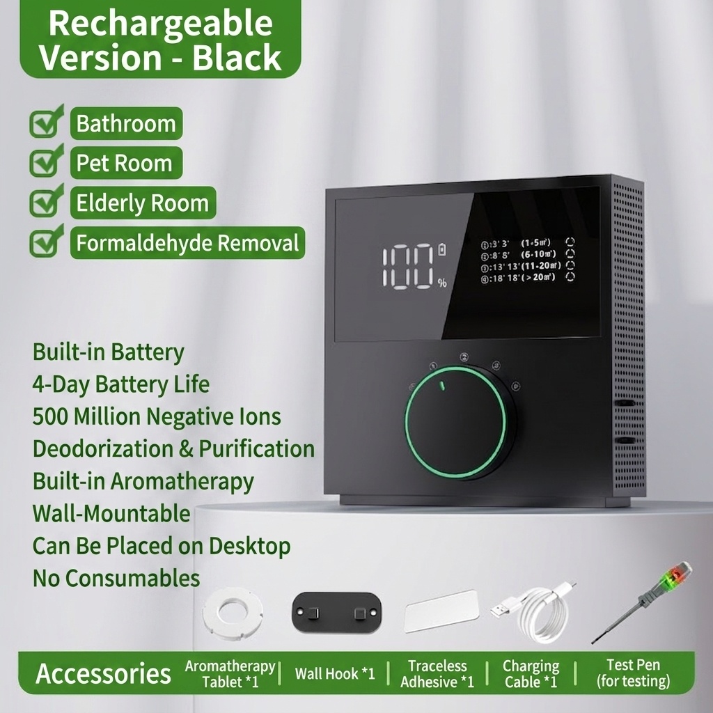 Portable Negative Ion Air Purifier, 2400mAh Battery, Odor & Formaldehyde Removal, 4 Modes