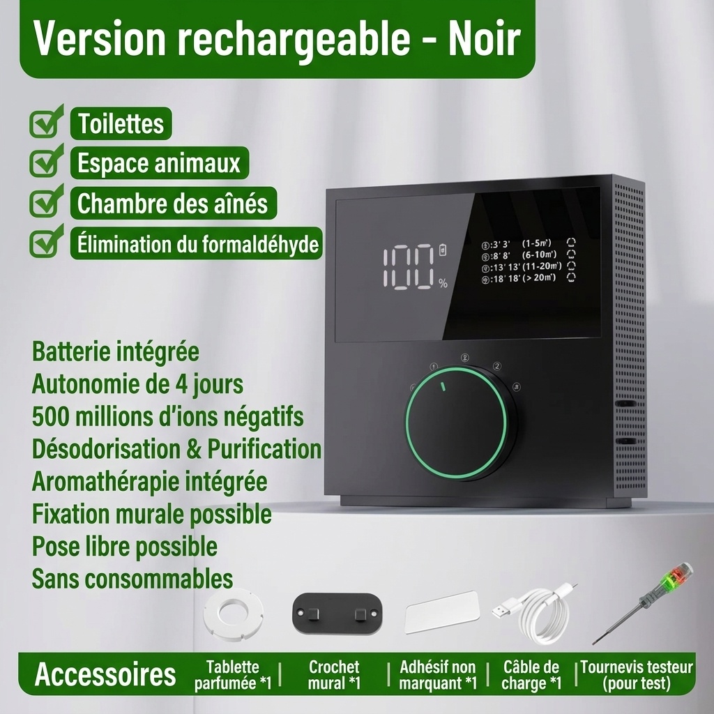 Purificateur d'air portable à ions négatifs, batterie 2400 mAh, élimination des odeurs et du formaldéhyde, 4 modes