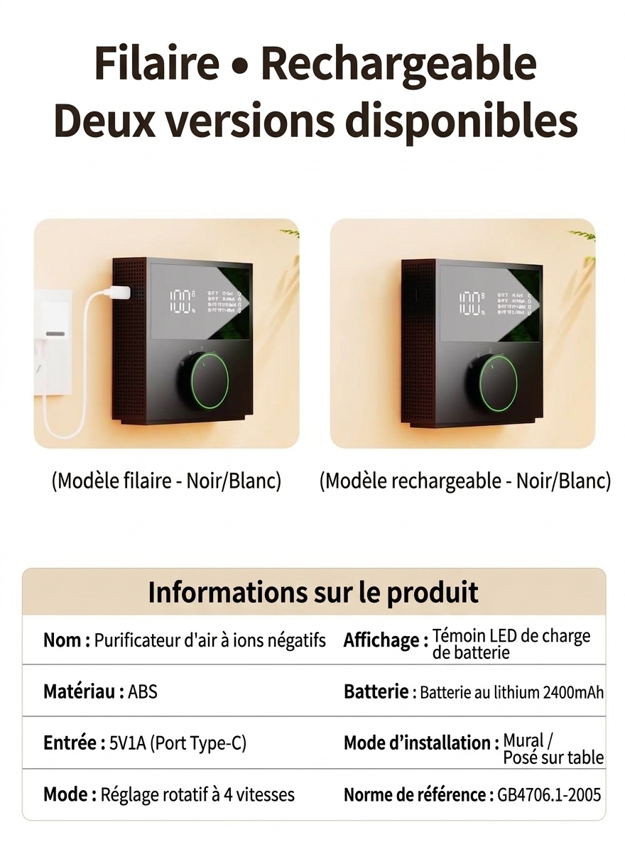 Purificateur d'air portable à ions négatifs, batterie 2400 mAh, élimination des odeurs et du formaldéhyde, 4 modes