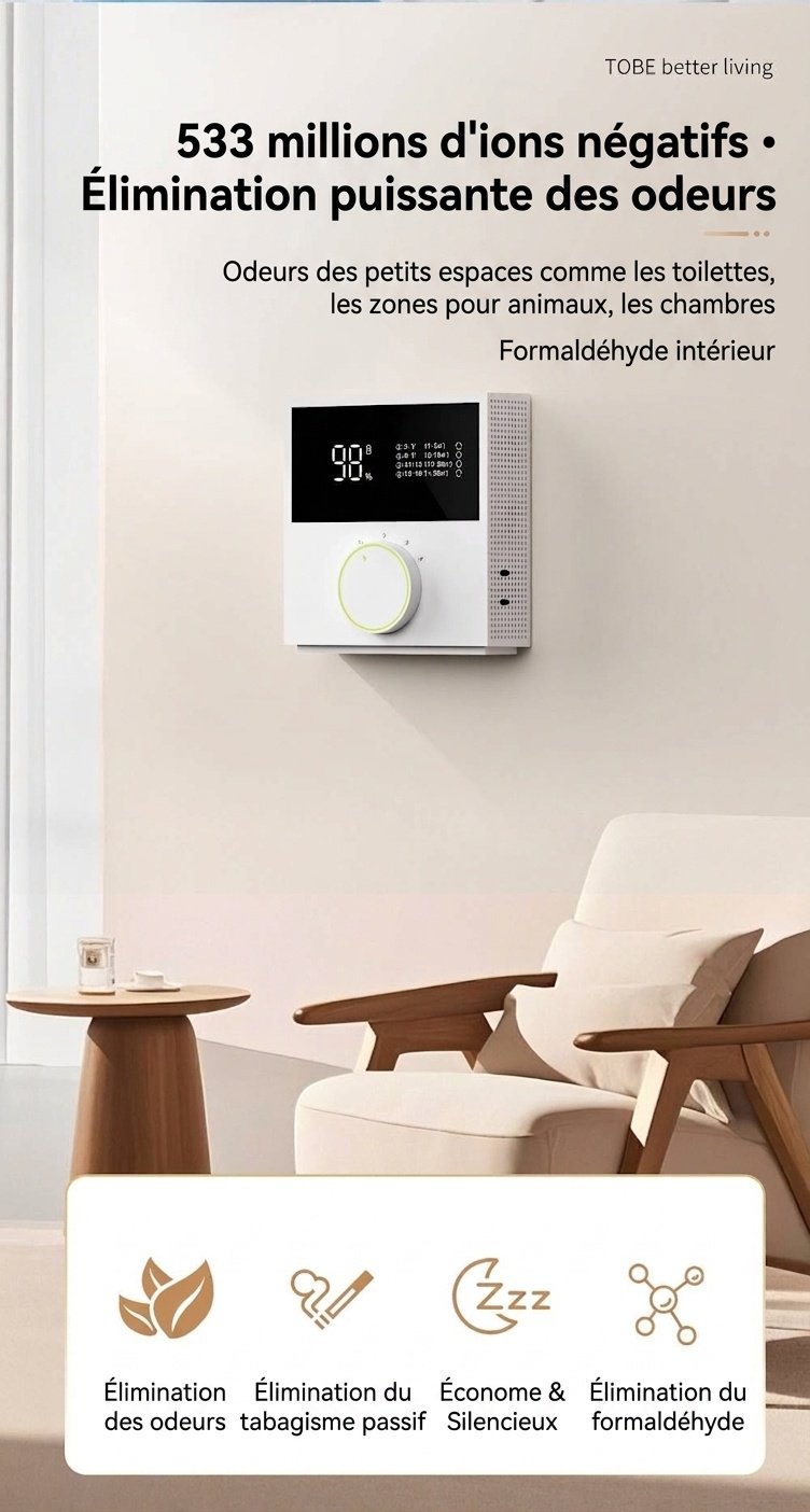 Purificateur d'air portable à ions négatifs, batterie 2400 mAh, élimination des odeurs et du formaldéhyde, 4 modes