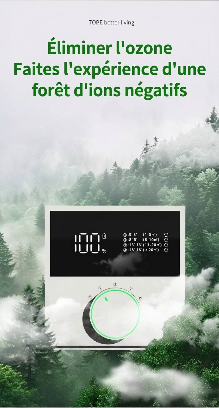 Purificateur d'air portable à ions négatifs, batterie 2400 mAh, élimination des odeurs et du formaldéhyde, 4 modes