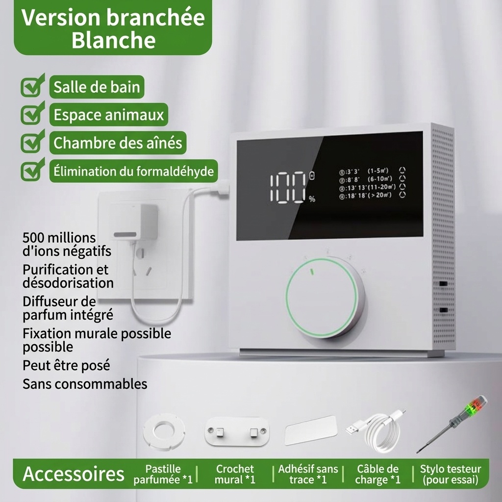 Purificateur d'air portable à ions négatifs, batterie 2400 mAh, élimination des odeurs et du formaldéhyde, 4 modes