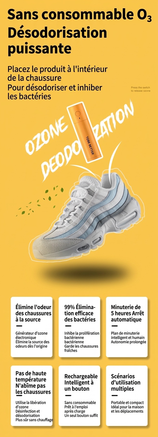 Désodorisant portable à l'ozone pour chaussures, chargement rapide sans fil USB-C, minuterie automatique de 5 heures, éliminateur d'odeurs