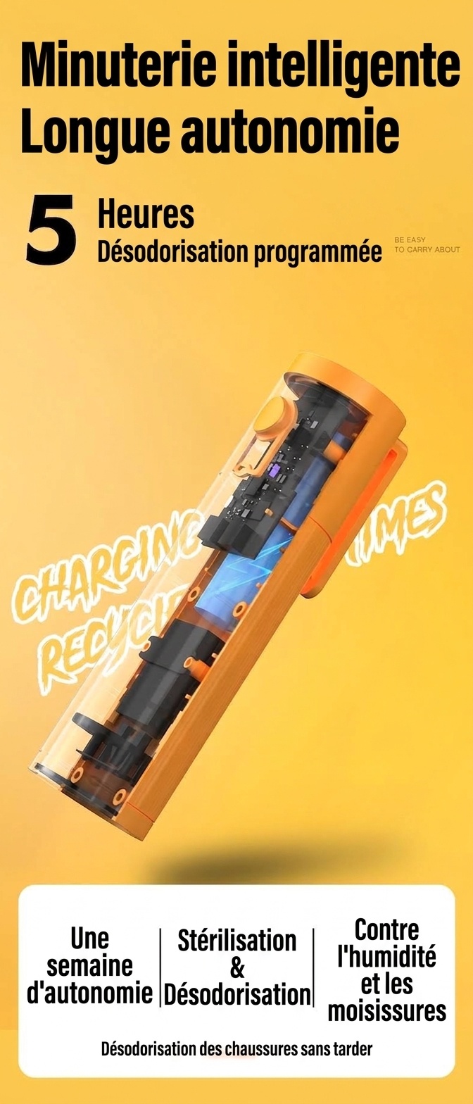 Désodorisant portable à l'ozone pour chaussures, chargement rapide sans fil USB-C, minuterie automatique de 5 heures, éliminateur d'odeurs