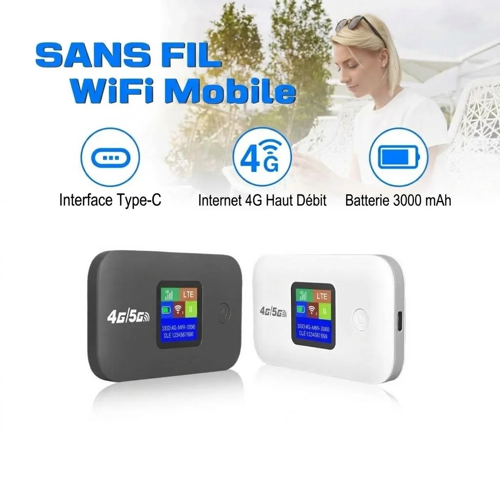 Routeur Wi-Fi mobile portable 4G LTE A8, batterie rechargeable 3000 mAh, MiFi de poche déverrouillé pour les voyages avec emplacement pour carte SIM, prend en charge jusqu'à 10 appareils