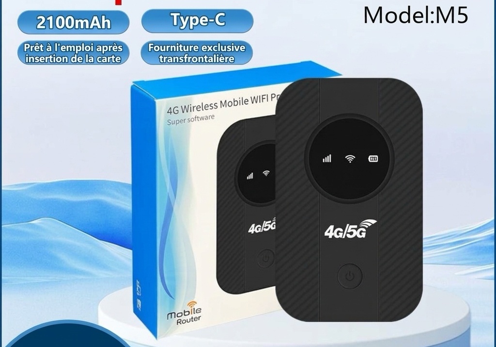 Routeur Wi-Fi mobile portable 4G LTE M5, batterie 2100 mAh, MiFi de voyage de poche déverrouillé avec emplacement pour carte SIM, connecte jusqu'à 10 appareils