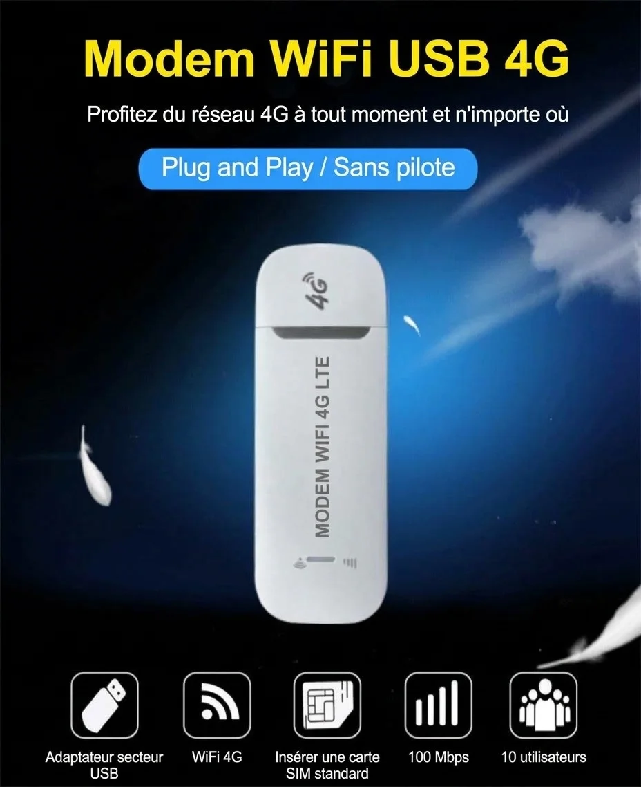 Clé modem Wi-Fi USB 4G LTE DNXT U96-3, routeur hotspot de voyage Plug and Play avec emplacement pour carte SIM, prend en charge jusqu'à 8 appareils