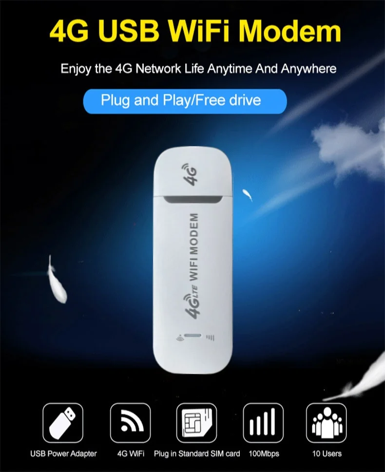 DNXT U96-3 4G LTE USB WiFi Dongle Modem, Plug and Play Travel Hotspot Router with SIM Card Slot, Supports up to 8 Devices