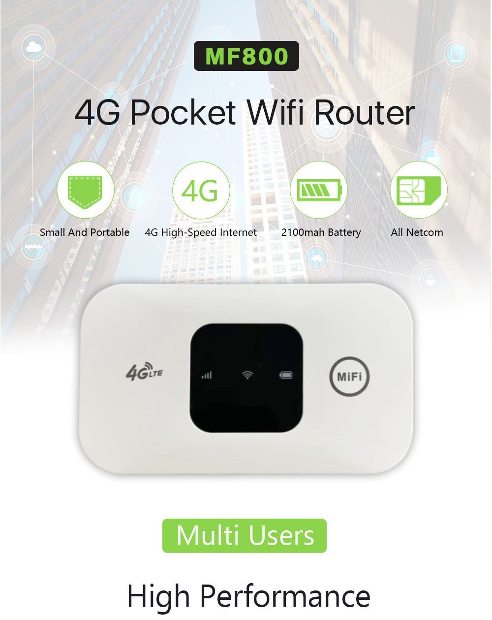 MF800 Portable 4G LTE Mobile WiFi Hotspot Router, Unlocked Pocket MiFi with SIM Card Slot, LED Indicator, Supports up to 10 Devices