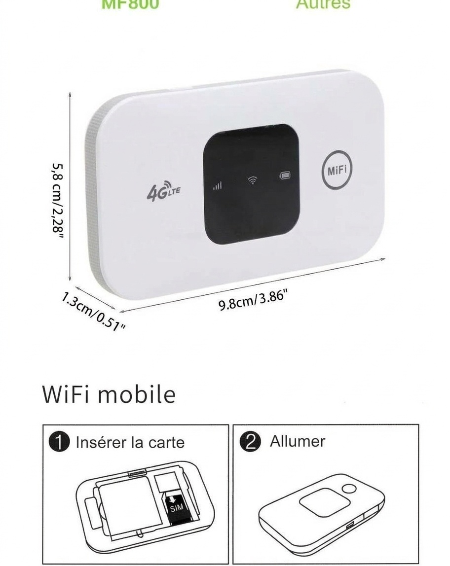 Routeur Wi-Fi mobile 4G LTE portable MF800, MiFi de poche déverrouillé avec emplacement pour carte SIM, indicateur LED, prend en charge jusqu'à 10 appareils
