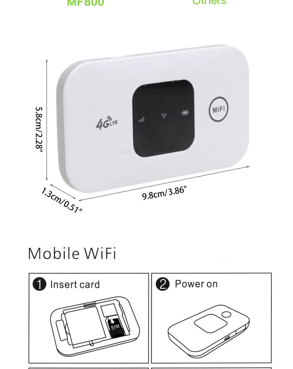 MF800 Portable 4G LTE Mobile WiFi Hotspot Router, Unlocked Pocket MiFi with SIM Card Slot, LED Indicator, Supports up to 10 Devices