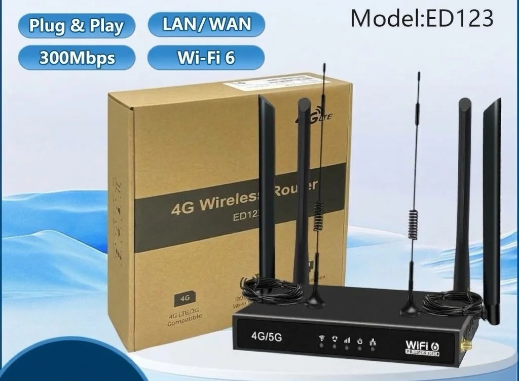 ED123-E 4G LTE WiFi 6 Wireless Router CPE with SIM Card Slot, External Suction Antennas, Ethernet Port, Industrial & Home Use