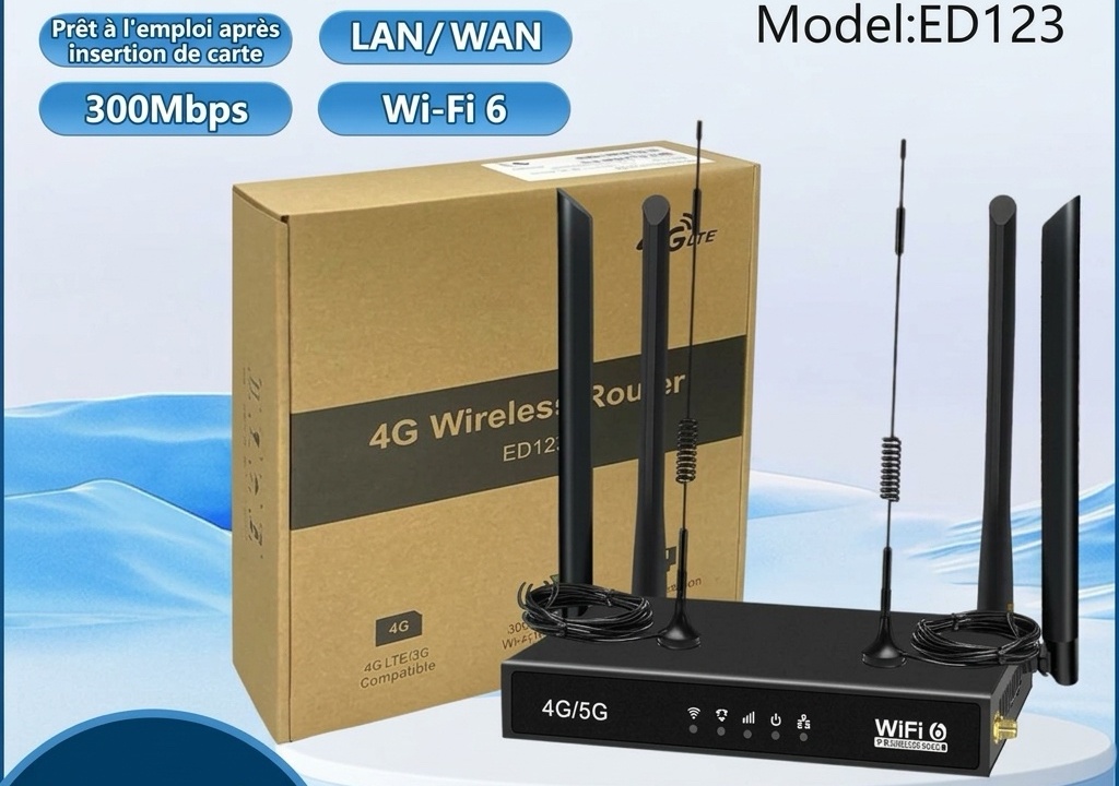 Routeur sans fil ED123-E 4G LTE WiFi 6 (CPE) avec emplacement pour carte SIM, antennes à ventouse externes, port Ethernet, usage industriel et domestique