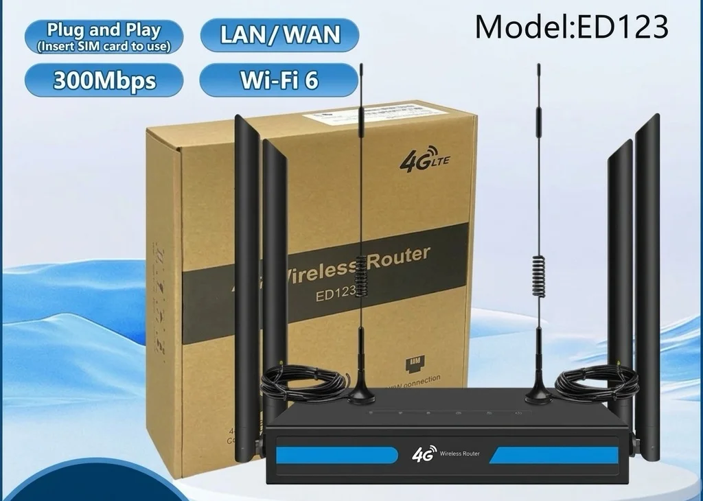 ED123-E 4G LTE WiFi 6 Wireless Router CPE with SIM Card Slot, External Suction Antennas, Ethernet Port, Industrial & Home Use