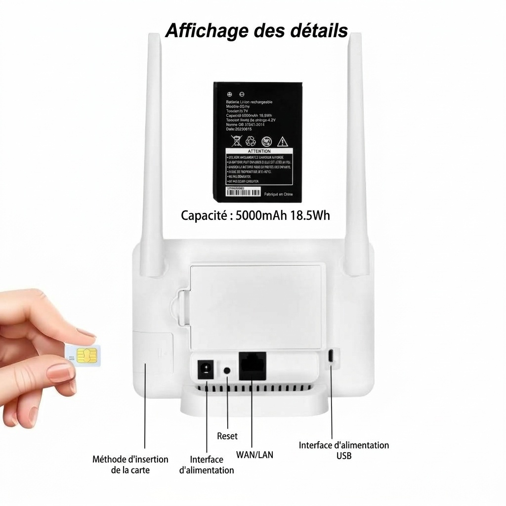 Routeur Wi-Fi CP106 4G LTE sans fil, haut débit 300 Mbps, batterie 5000 mAh, emplacement pour carte SIM, compatible VPN pour la maison et le bureau