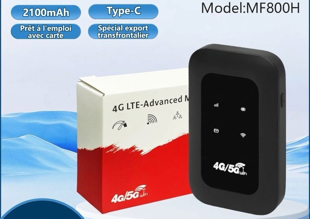 Routeur WiFi mobile 4G LTE portable MF800 (noir), batterie rechargeable 2100 mAh, point d'accès de poche déverrouillé avec emplacement pour carte SIM pour 10 appareils
