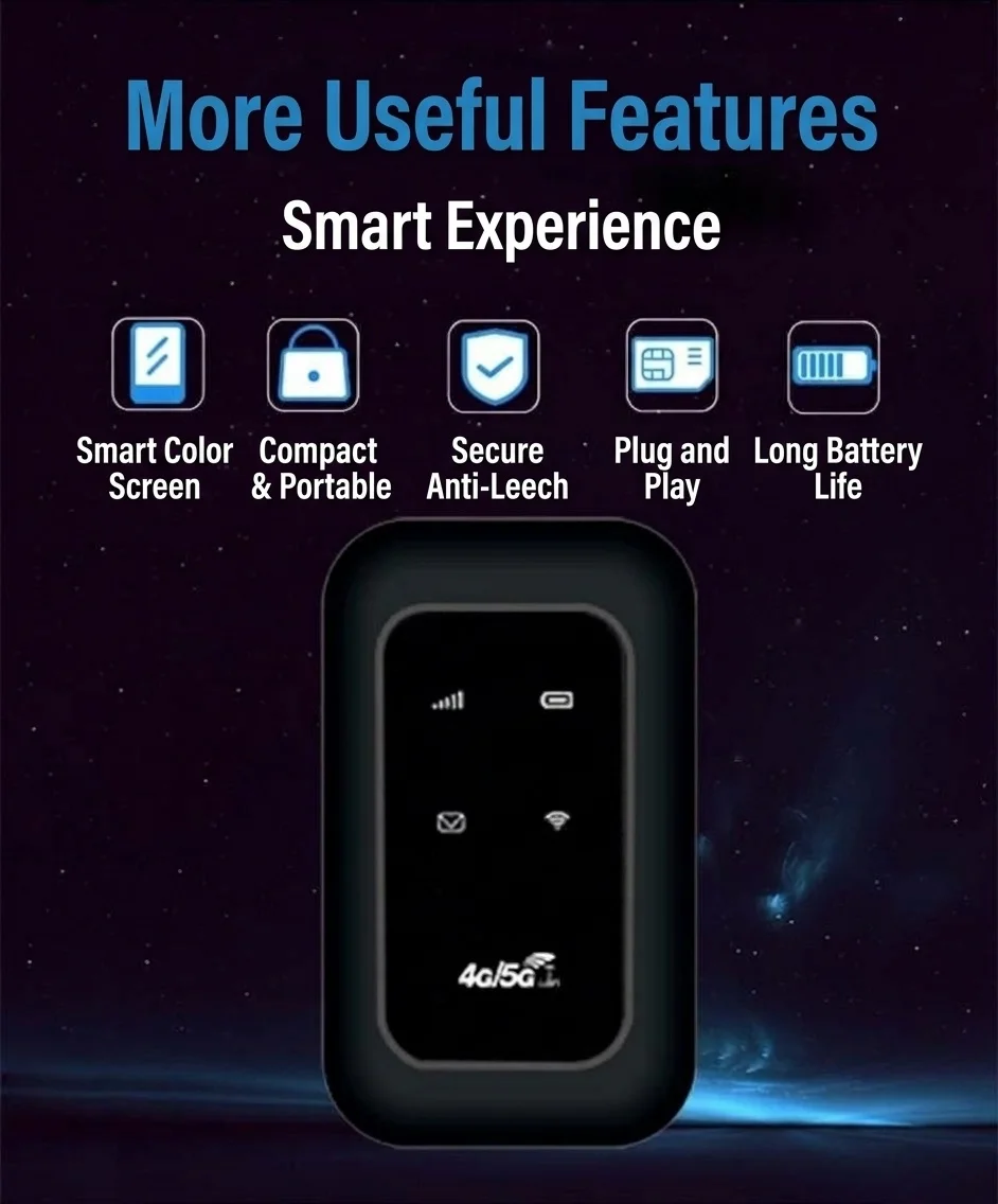 MF800 Portable 4G LTE Mobile WiFi Router (Black), 2100mAh Rechargeable Battery, Unlocked Pocket Hotspot with SIM Card Slot for 10 Devices