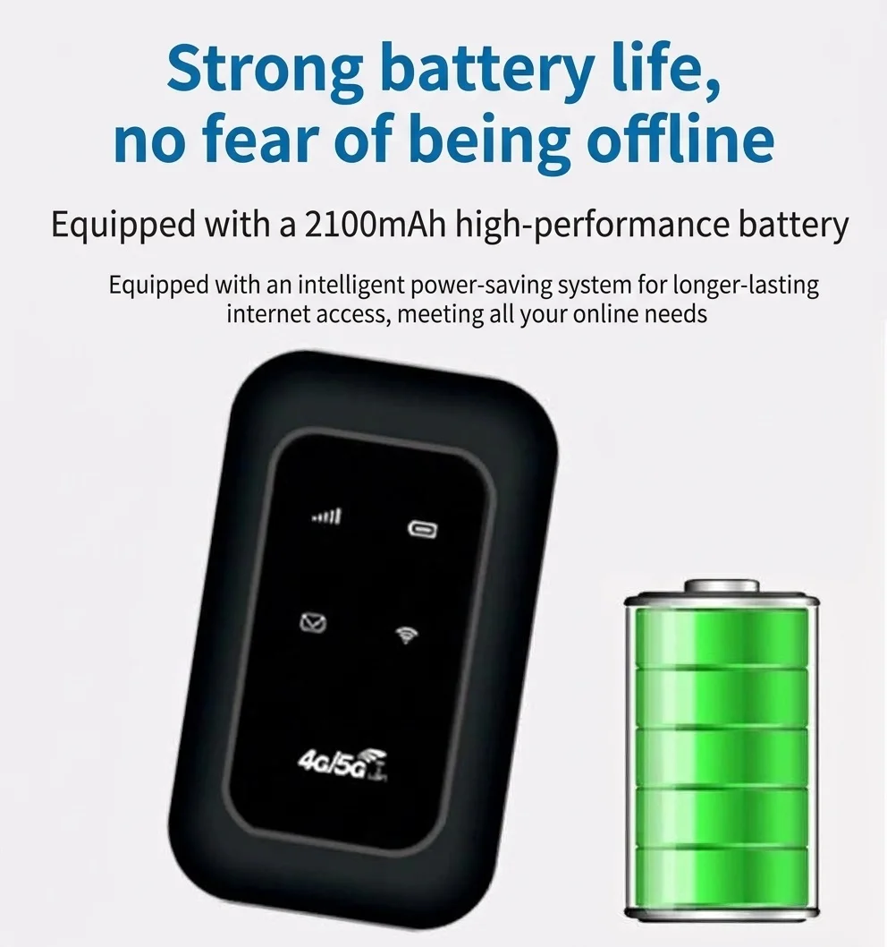 MF800 Portable 4G LTE Mobile WiFi Router (Black), 2100mAh Rechargeable Battery, Unlocked Pocket Hotspot with SIM Card Slot for 10 Devices