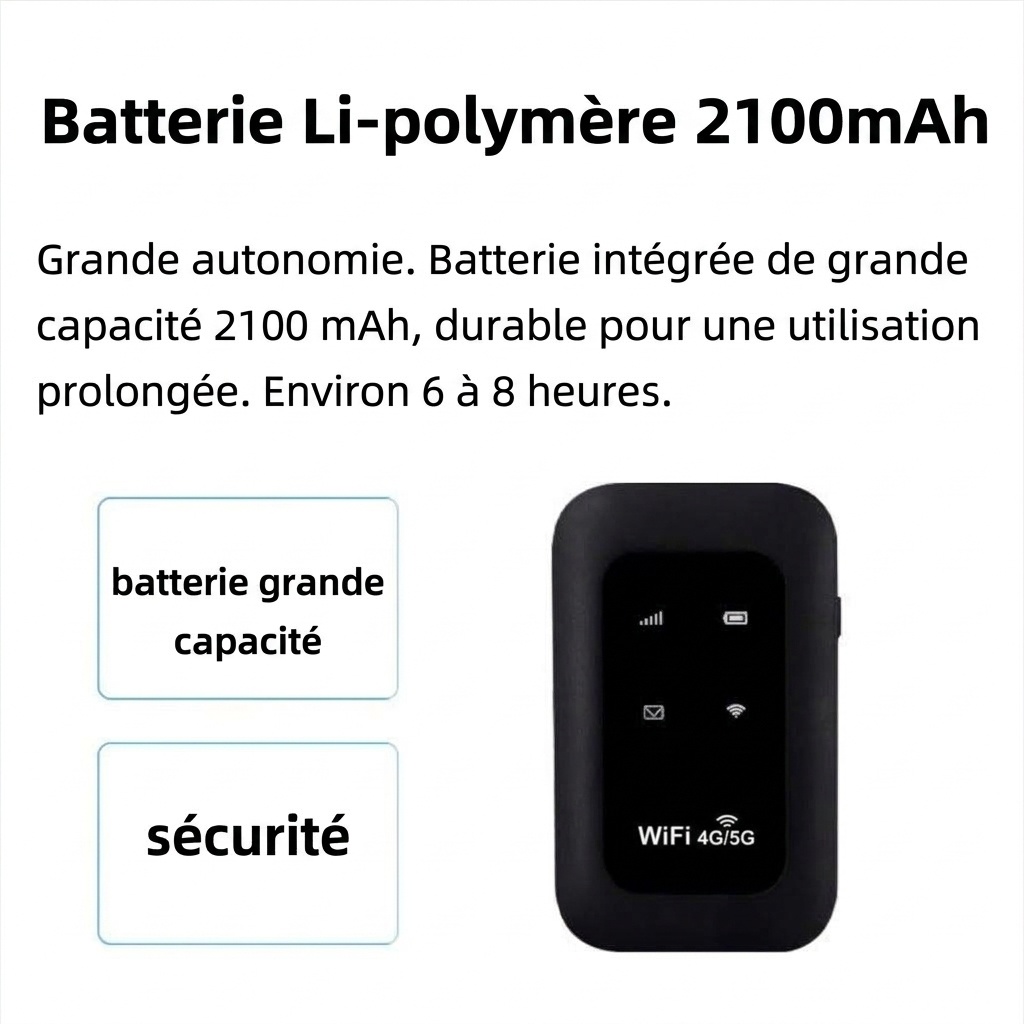 Routeur WiFi mobile 4G LTE portable MF800 (noir), batterie rechargeable 2100 mAh, point d'accès de poche déverrouillé avec emplacement pour carte SIM pour 10 appareils
