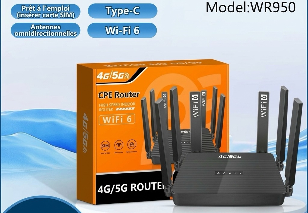 Routeur CPE sans fil WR950-E 4G LTE WiFi 6, antennes à gain élevé, emplacement pour carte SIM avec batterie de secours, connecte jusqu'à 32 appareils