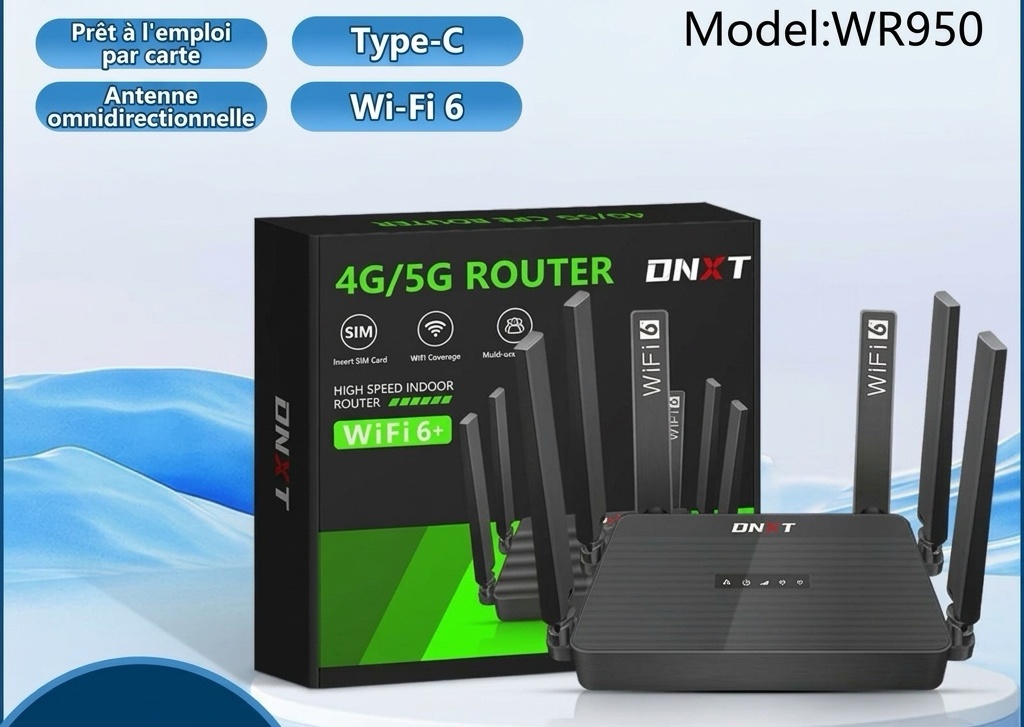 Routeur de bureau DNXT WR950 4G LTE WiFi 6, compatible multibande B12/B17, emplacement pour carte SIM, passerelle sans fil haut débit avec batterie optionnelle