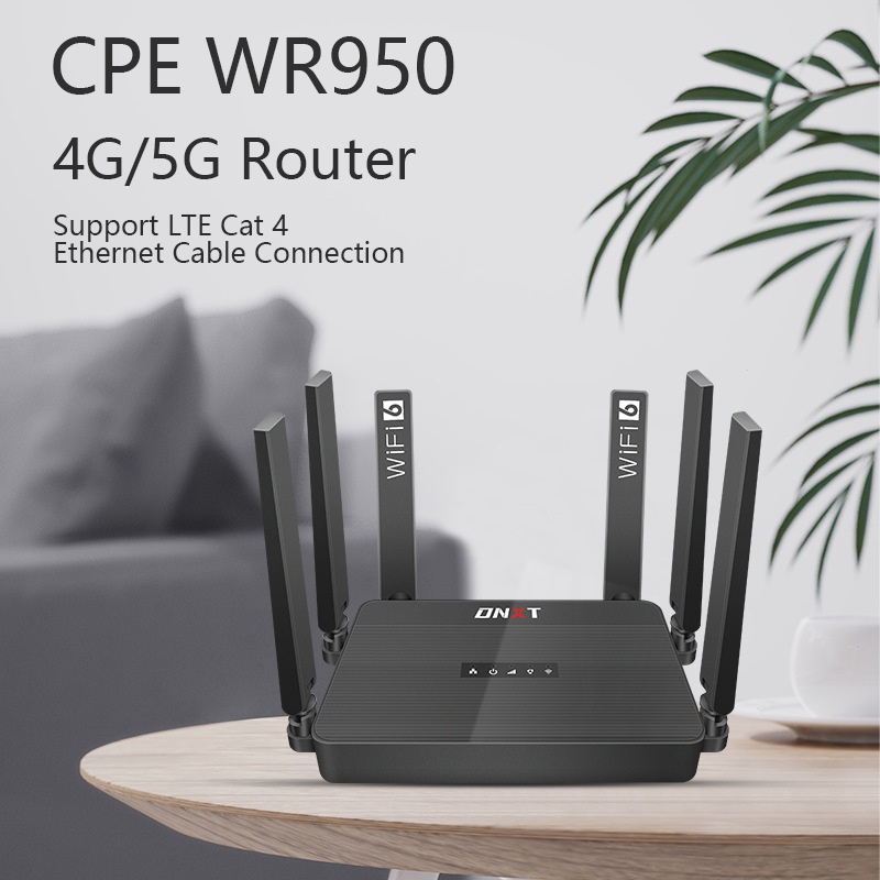 DNXT WR950 4G LTE WiFi 6 Desktop Router, Multi-Band B12/B17 Support, SIM Card Slot, High-Speed Wireless Gateway with Optional Battery