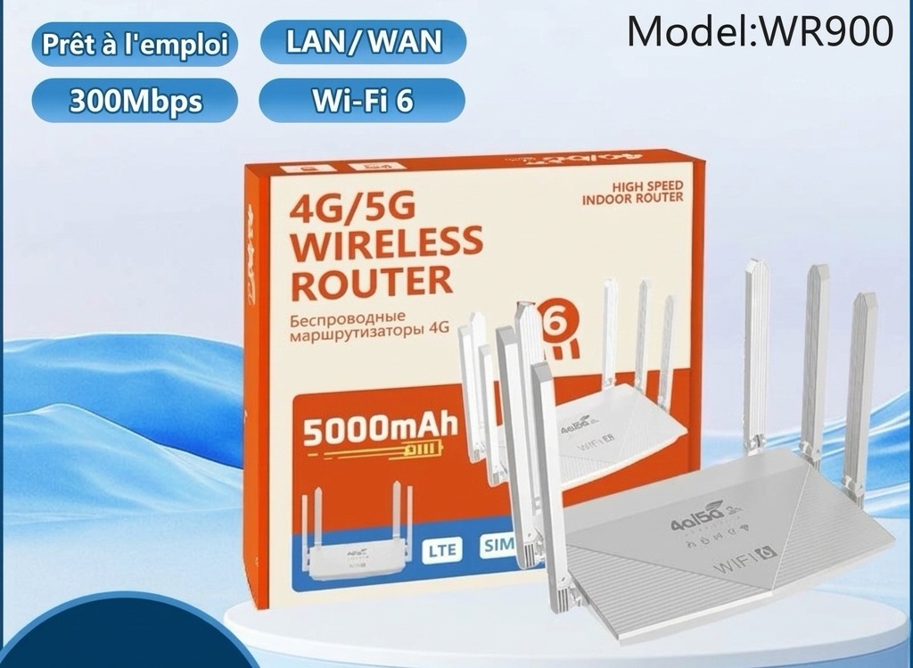Routeur sans fil WR900-E 4G LTE WiFi 6 avec batterie de 5000 mAh, 4 antennes à gain élevé, sécurité WPA3, prend en charge jusqu'à 64 appareils