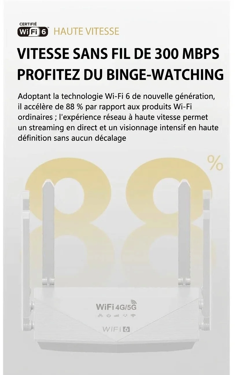 Routeur sans fil WR900-E 4G LTE WiFi 6 avec batterie de 5000 mAh, 4 antennes à gain élevé, sécurité WPA3, prend en charge jusqu'à 64 appareils