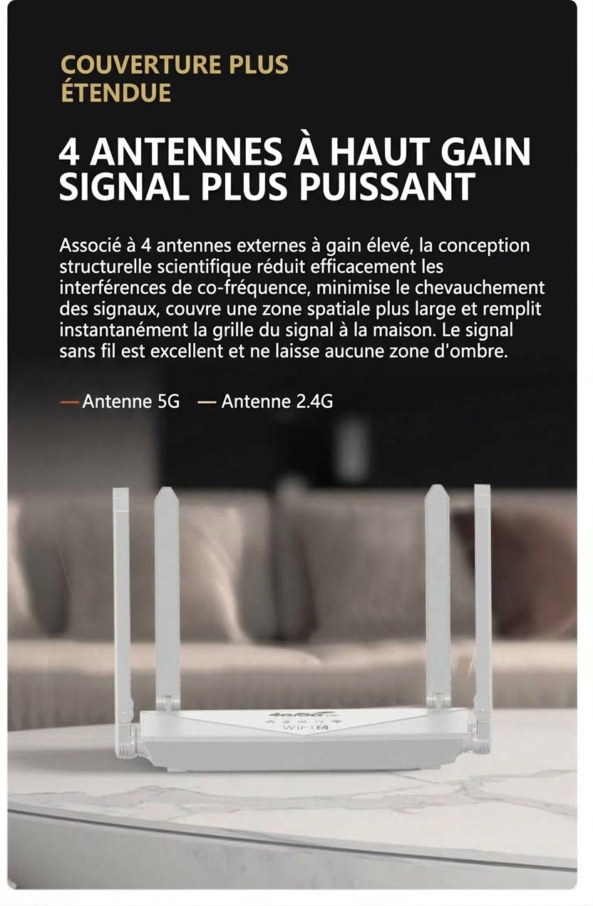 Routeur sans fil WR900-E 4G LTE WiFi 6 avec batterie de 5000 mAh, 4 antennes à gain élevé, sécurité WPA3, prend en charge jusqu'à 64 appareils