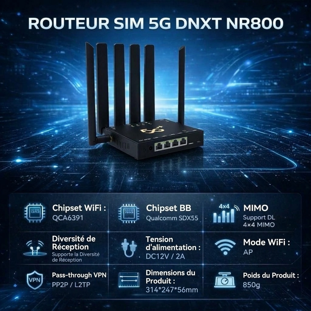 Routeur passerelle sans fil WiFi 6 5G DNXT NR800, chipset Qualcomm SDX55, double bande 2,4 GHz/5,8 GHz avec 6 antennes, boîtier métallique robuste et emplacement pour carte SIM