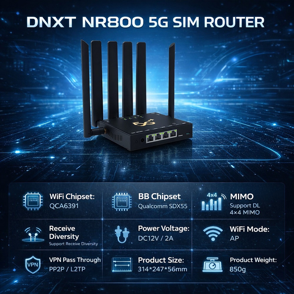 DNXT NR800 5G WiFi 6 Wireless Gateway Router, Qualcomm SDX55 Chipset, Dual-Band 2.4G/5.8G with 6 Antennas, Rugged Metal Housing & SIM Slot