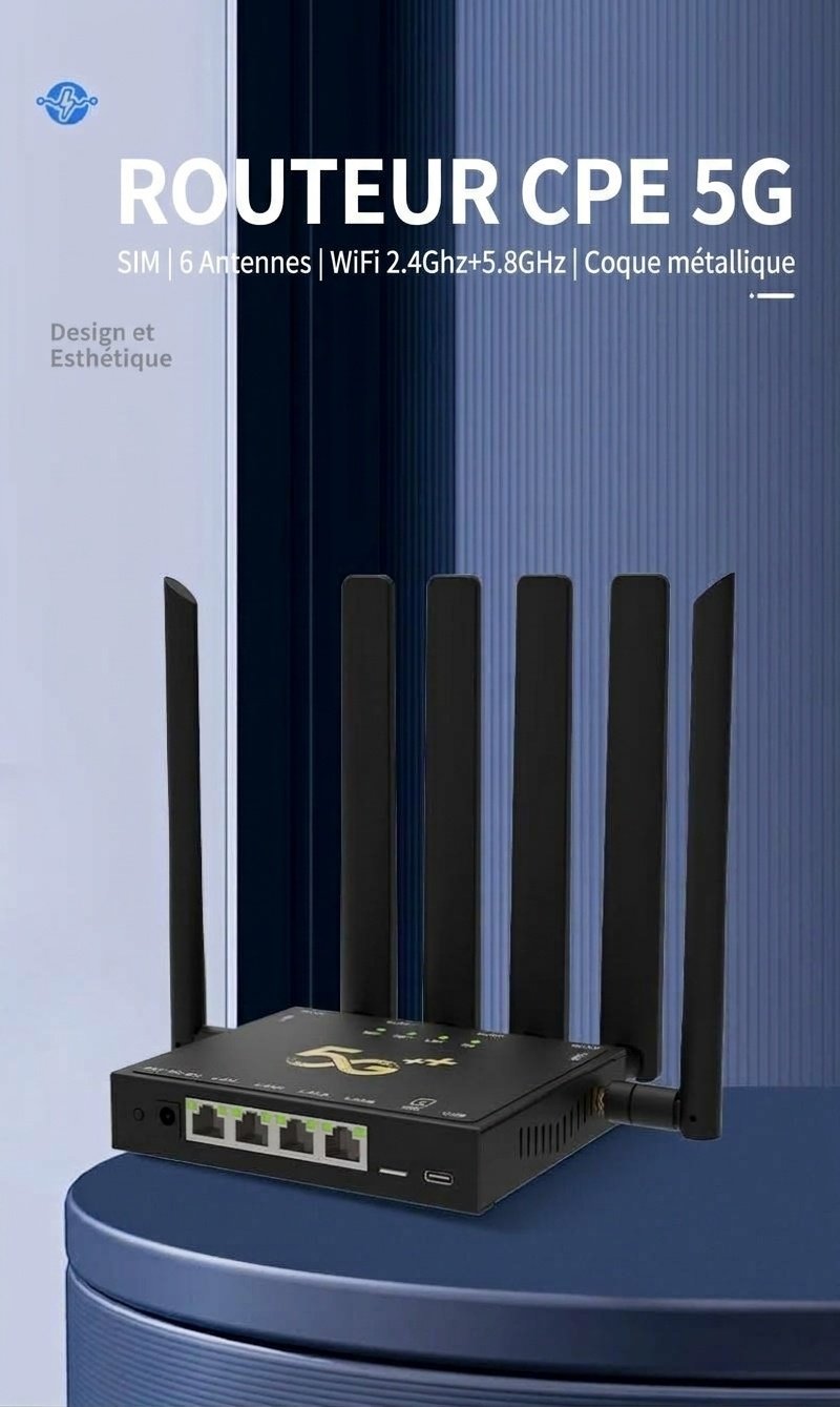 Routeur passerelle sans fil WiFi 6 5G DNXT NR800, chipset Qualcomm SDX55, double bande 2,4 GHz/5,8 GHz avec 6 antennes, boîtier métallique robuste et emplacement pour carte SIM