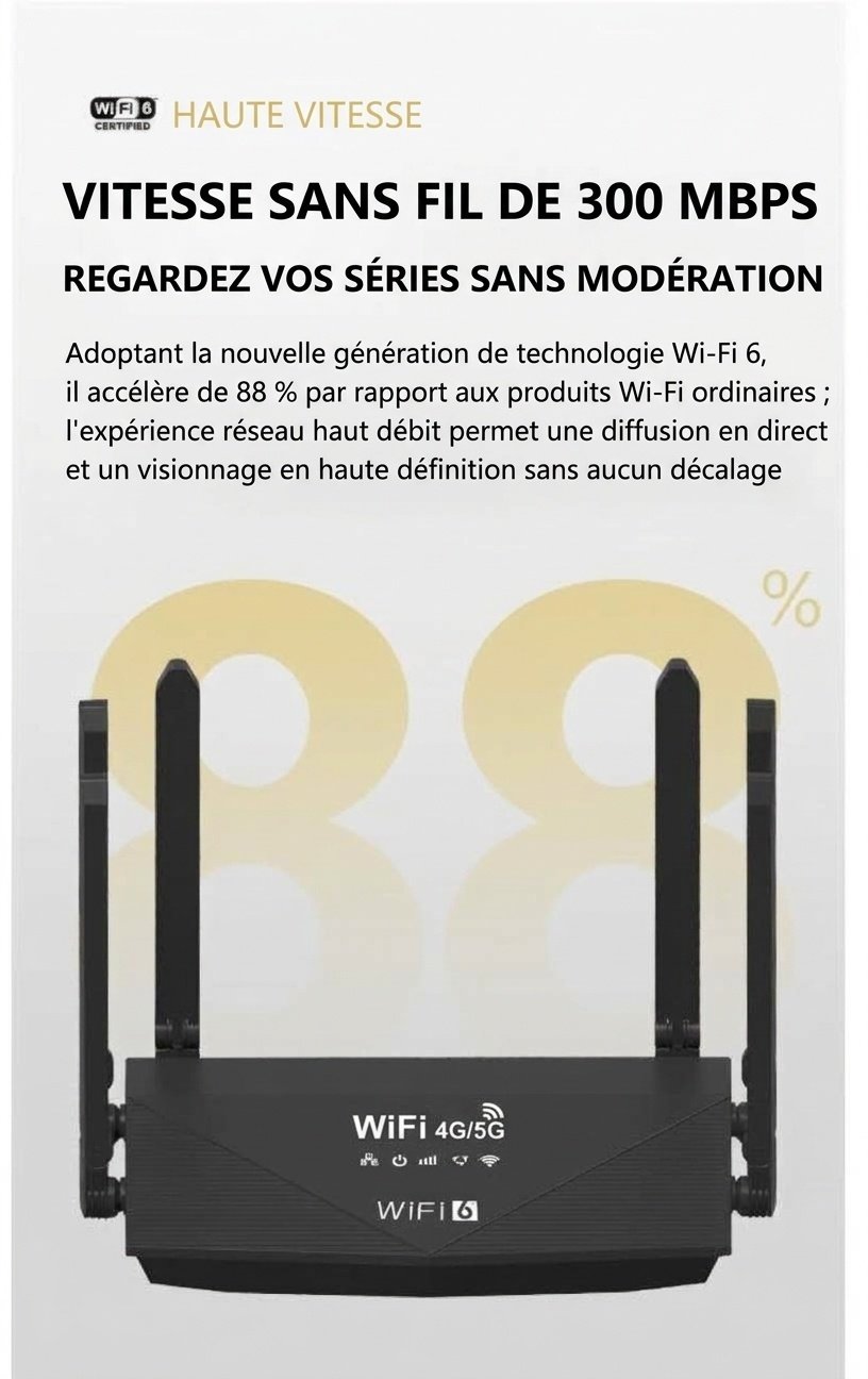 Routeur sans fil WR910-E 4G LTE WiFi 6 Gigabit, antennes double bande à gain élevé, sécurité WPA3, emplacement pour carte SIM, prend en charge jusqu'à 64 appareils