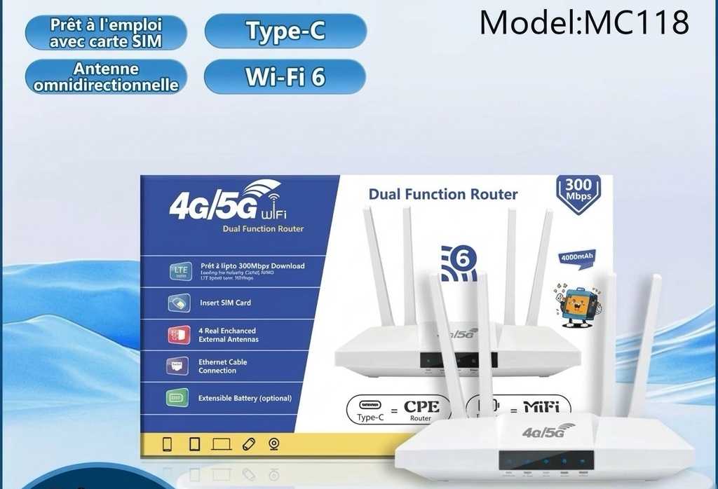 Routeur double fonction MC118-E 4G LTE WiFi 6 avec batterie de 4000 mAh, vitesse de 300 Mbps, antennes externes et emplacement pour carte SIM pour une utilisation portable et sur ordinateur.