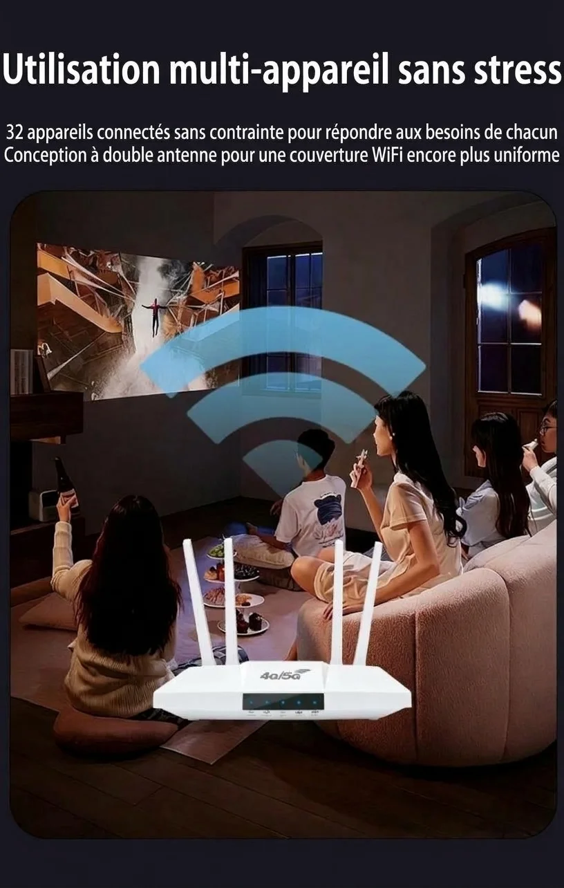 Routeur double fonction MC118-E 4G LTE WiFi 6 avec batterie de 4000 mAh, vitesse de 300 Mbps, antennes externes et emplacement pour carte SIM pour une utilisation portable et sur ordinateur.