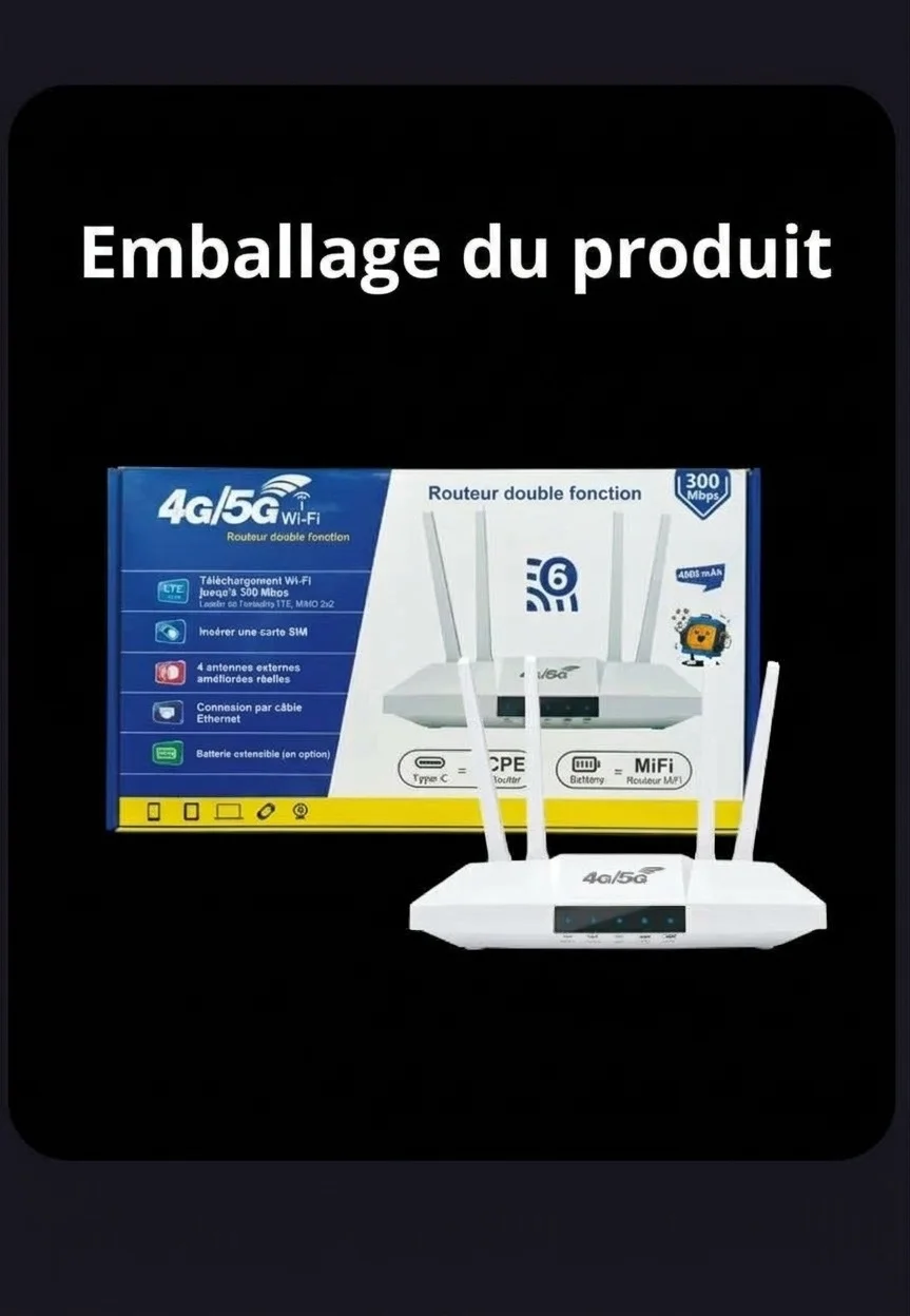Routeur double fonction MC118-E 4G LTE WiFi 6 avec batterie de 4000 mAh, vitesse de 300 Mbps, antennes externes et emplacement pour carte SIM pour une utilisation portable et sur ordinateur.