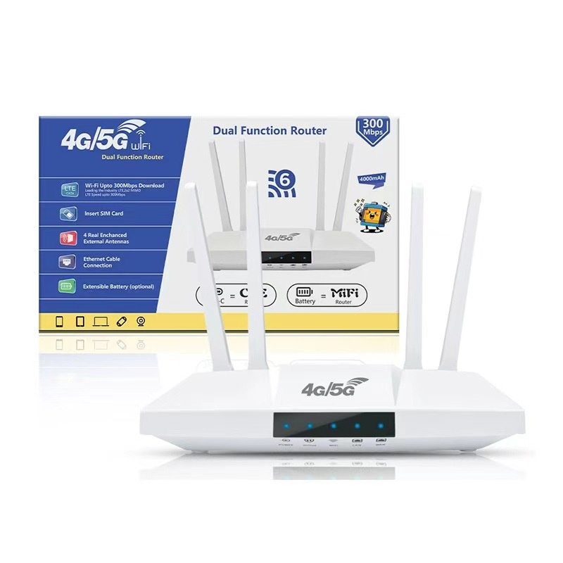 MC118-E 4G LTE WiFi 6 Dual-Function Router with 4000mAh Battery, 300Mbps Speed, External Antennas & SIM Card Slot for Portable and Desktop Use