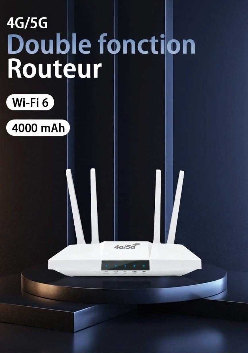 Routeur double fonction MC118-E 4G LTE WiFi 6 avec batterie de 4000 mAh, vitesse de 300 Mbps, antennes externes et emplacement pour carte SIM pour une utilisation portable et sur ordinateur.