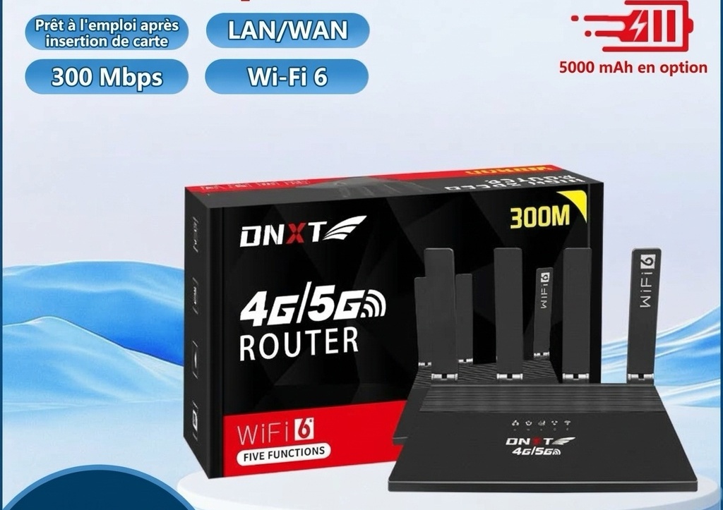 Routeur WiFi 6 4G LTE DNXT WR800-E avec batterie 5000 mAh, débit élevé de 600 Mbit/s, 4 antennes externes, 4 ports Ethernet Gigabit et compatibilité Mesh