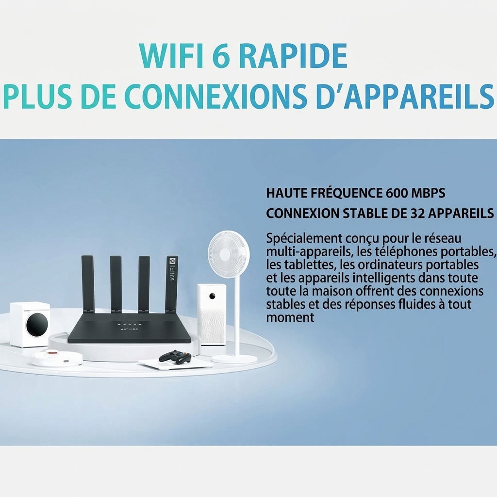 Routeur WiFi 6 4G LTE DNXT WR800-E avec batterie 5000 mAh, débit élevé de 600 Mbit/s, 4 antennes externes, 4 ports Ethernet Gigabit et compatibilité Mesh