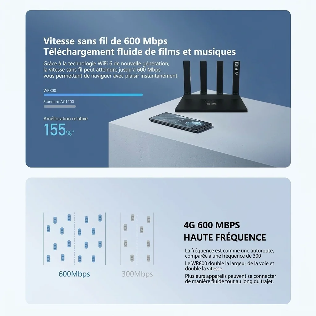 Routeur WiFi 6 4G LTE DNXT WR800-E avec batterie 5000 mAh, débit élevé de 600 Mbit/s, 4 antennes externes, 4 ports Ethernet Gigabit et compatibilité Mesh