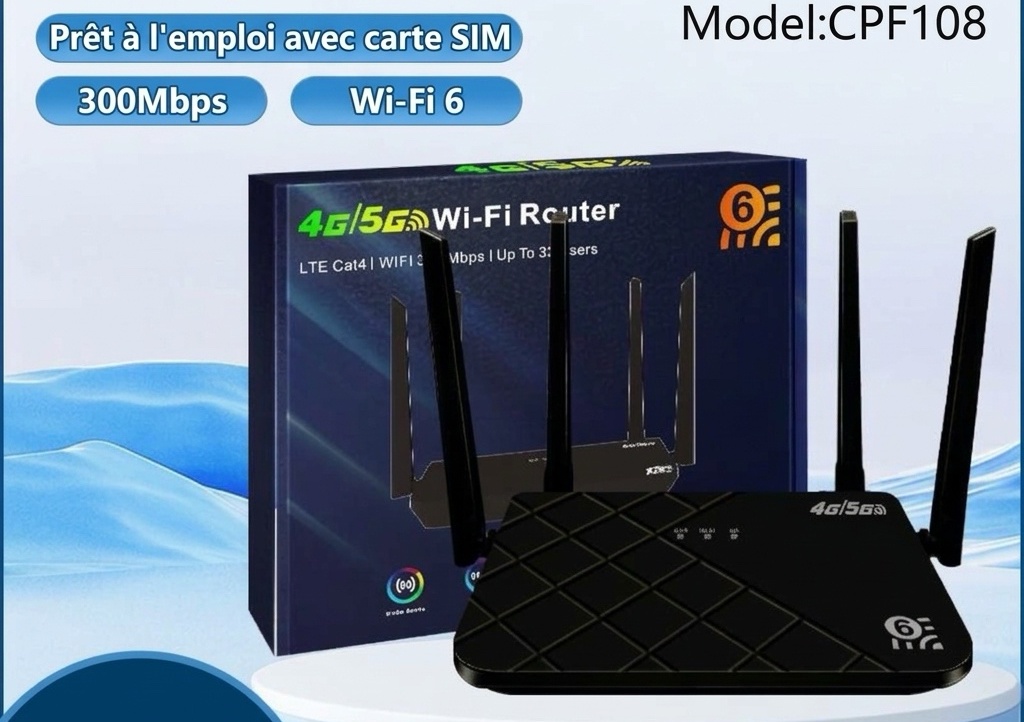Routeur CP108 4G LTE WiFi 6, point d'accès sans fil Cat4 300 Mbps, ports Ethernet Gigabit, antennes omnidirectionnelles pour jusqu'à 32 utilisateurs