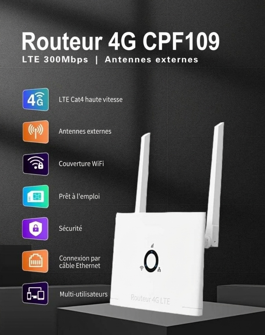 Routeur Wi-Fi sans fil 4G LTE CPF109, point d'accès mobile haut débit 300 Mbps avec antennes externes et emplacement pour carte SIM, prend en charge jusqu'à 16 appareils