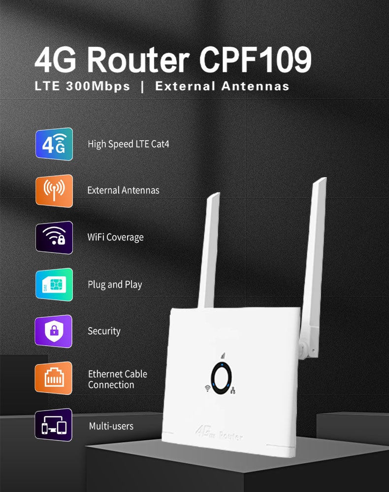 CPF109 4G LTE Wireless WiFi Router, 300Mbps High-Speed Mobile Hotspot with External Antennas & SIM Card Slot, Supports up to 16 Devices