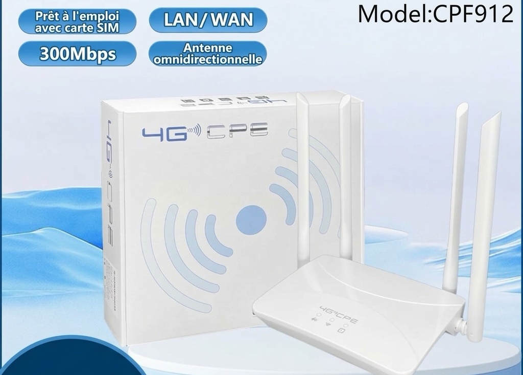 Routeur WiFi 4G LTE CPF912, modem CPE sans fil Quad-Core 300 Mbps avec 4 antennes externes à gain élevé, emplacement pour carte SIM et ports LAN/WAN